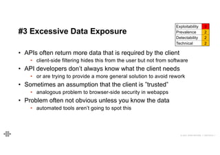 29
29
© 2021 EOIN WOODS // 20210310.1
#3 Excessive Data Exposure
Exploitability 3
Prevalence 2
Detectability 2
Technical 2
• APIs often return more data that is required by the client
• client-side filtering hides this from the user but not from software
• API developers don’t always know what the client needs
• or are trying to provide a more general solution to avoid rework
• Sometimes an assumption that the client is ”trusted”
• analogous problem to browser-side security in webapps
• Problem often not obvious unless you know the data
• automated tools aren’t going to spot this
 