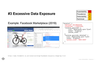 30
30
© 2021 EOIN WOODS // 20210310.1
#3 Excessive Data Exposure
Exploitability 3
Prevalence 2
Detectability 2
Technical 2
Example: Facebook Marketplace (2019)
https://www.7elements.co.uk/resources/blog/facebooks-burglary-shopping-list/
"location": {
"latitude": 54.9942235,
"longitude": -1.6041244,
"reverse_geocode": {
"city": ”Newcastle upon Tyne",
"state": ”England",
"postal_code": ""
},
"reverse_geocode_detailed": {
"city": ”Newcastle upon Tyne",
"state": ”England",
"postal_code": ”NE2 2DS"
}
}
 
