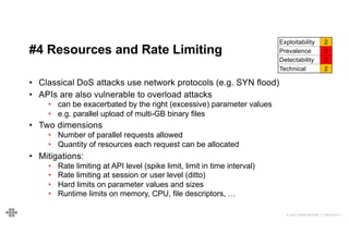 32
32
© 2021 EOIN WOODS // 20210310.1
#4 Resources and Rate Limiting
Exploitability 2
Prevalence 3
Detectability 3
Technical 2
• Classical DoS attacks use network protocols (e.g. SYN flood)
• APIs are also vulnerable to overload attacks
• can be exacerbated by the right (excessive) parameter values
• e.g. parallel upload of multi-GB binary files
• Two dimensions
• Number of parallel requests allowed
• Quantity of resources each request can be allocated
• Mitigations:
• Rate limiting at API level (spike limit, limit in time interval)
• Rate limiting at session or user level (ditto)
• Hard limits on parameter values and sizes
• Runtime limits on memory, CPU, file descriptors, …
 