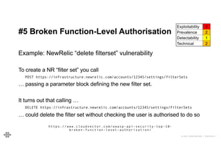 35
35
© 2021 EOIN WOODS // 20210310.1
#5 Broken Function-Level Authorisation
Exploitability 3
Prevalence 2
Detectability 1
Technical 2
Example: NewRelic “delete filterset” vulnerability
To create a NR “filter set” you call
POST https://infrastructure.newrelic.com/accounts/12345/settings/filterSets
… passing a parameter block defining the new filter set.
It turns out that calling …
DELETE https://infrastructure.newrelic.com/accounts/12345/settings/filterSets
… could delete the filter set without checking the user is authorised to do so
https://www.cloudvector.com/owasp-api-security-top-10-
broken-function-level-authorization/
 