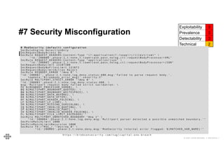 44
44
© 2021 EOIN WOODS // 20210310.1
#7 Security Misconfiguration
Exploitability 3
Prevalence 3
Detectability 3
Technical 2
Example: Capital One
https://krebsonsecurity.com/tag/capital-one-breach
Capital One VPC
M
o
d
S
e
c
u
r
i
t
y
AWS S3
Bucket
AWS EC2 VM
$ > a w s i a m l i s t - r o l e s
$ > …
P E % { R E Q B O D Y _ P R O C E S S O R _ E R R O R } , 
B Q % { M U L T I P A R T _ B O U N D A R Y _ Q U O T E D } , 
B W % { M U L T I P A R T _ B O U N D A R Y _ W H I T E S P A C E } ,

D B % { M U L T I P A R T _ D A T A _ B E F O R E } , 
D A % { M U L T I P A R T _ D A T A _ A F T E R } , 
H F % { M U L T I P A R T _ H E A D E R _ F O L D I N G } , 
L F % { M U L T I P A R T _ L F _ L I N E } , 
M o d S e c u r i t y C o n f i g u r a t i o n
• M i s t a k e i n M o d S e c u r i t y a l l o w e d a t t a c k e r i n t o V M
• I A M m i s c o n f i g u r a t i o n a l l o w e d a c c e s s t o S 3
# ModSecurity (default) configuration
SecRuleEngine DetectionOnly
SecRequestBodyAccess On
SecRule REQUEST_HEADERS:Content-Type "(?:application(?:/soap+|/)|text/)xml" 
"id:'200000',phase:1,t:none,t:lowercase,pass,nolog,ctl:requestBodyProcessor=XML"
SecRule REQUEST_HEADERS:Content-Type "application/json" 
"id:'200001',phase:1,t:none,t:lowercase,pass,nolog,ctl:requestBodyProcessor=JSON"
SecRequestBodyLimit 13107200
SecRequestBodyNoFilesLimit 131072
SecRequestBodyLimitAction Reject
SecRule REQBODY_ERROR "!@eq 0" 
"id:'200002', phase:2,t:none,log,deny,status:400,msg:'Failed to parse request body.’,
logdata:'%{reqbody_error_msg}',severity:2"
SecRule MULTIPART_STRICT_ERROR "!@eq 0" 
"id:'200003',phase:2,t:none,log,deny,status:400, 
msg:'Multipart request body failed strict validation: 
PE %{REQBODY_PROCESSOR_ERROR}, 
BQ %{MULTIPART_BOUNDARY_QUOTED}, 
BW %{MULTIPART_BOUNDARY_WHITESPACE}, 
DB %{MULTIPART_DATA_BEFORE}, 
DA %{MULTIPART_DATA_AFTER}, 
HF %{MULTIPART_HEADER_FOLDING}, 
LF %{MULTIPART_LF_LINE}, 
SM %{MULTIPART_MISSING_SEMICOLON}, 
IQ %{MULTIPART_INVALID_QUOTING}, 
IP %{MULTIPART_INVALID_PART}, 
IH %{MULTIPART_INVALID_HEADER_FOLDING}, 
FL %{MULTIPART_FILE_LIMIT_EXCEEDED}'"
SecRule MULTIPART_UNMATCHED_BOUNDARY "@eq 1" 
"id:'200004',phase:2,t:none,log,deny,msg:'Multipart parser detected a possible unmatched boundary.'"
SecPcreMatchLimit 1000
SecPcreMatchLimitRecursion 1000
SecRule TX:/^MSC_/ "!@streq 0" 
"id:'200005',phase:2,t:none,deny,msg:'ModSecurity internal error flagged: %{MATCHED_VAR_NAME}'"
 