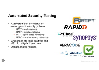 © 2021 EOIN WOODS // 20210101.1
Automated Security Testing
• Automated tools are useful for
some types of security problem
• SAST – static scanning
• DAST – simulated attacks
• IAST – agent-based monitoring
• RASP – runtime security monitoring
• Challenges are false positives and
effort to mitigate if used late
• Danger of over-reliance
 
