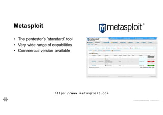 © 2021 EOIN WOODS // 20210101.1
Metasploit
• The pentester’s ”standard” tool
• Very wide range of capabilities
• Commercial version available
https://www.metasploit.com
HTTPS://WWW.METASPLOIT.COM
 