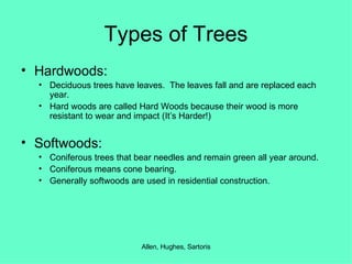 Types of Trees Hardwoods: Deciduous trees have leaves.  The leaves fall and are replaced each year. Hard woods are called Hard Woods because their wood is more resistant to wear and impact (It’s Harder!) Softwoods: Coniferous trees that bear needles and remain green all year around. Coniferous means cone bearing. Generally softwoods are used in residential construction. 