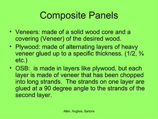 Composite Panels Veneers: made of a solid wood core and a covering (Veneer) of the desired wood. Plywood: made of alternating layers of heavy veneer glued up to a specific thickness. (1/2, ¾ etc.) OSB:  is made in layers like plywood, but each layer is made of veneer that has been chopped into long strands.  The strands on one layer are glued at a 90 degree angle to the strands of the second layer. 