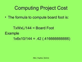 Computing Project Cost The formula to compute board foot is: TxWxL/144 = Board Foot Example 1x6x10/144 = .42 (.416666666666) 