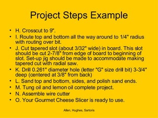 Project Steps Example H. Crosscut to 9". I. Route top and bottom all the way around to 1/4" radius with routing over bit. J. Cut tapered slot (about 3/32" wide) in board. This slot should be cut 2-7/8" from edge of board to beginning of slot. Set-up jig should be made to accommodate making tapered cut with radial saw. K. Drill 0.261" diameter hole (letter "G" size drill bit) 3-3/4" deep (centered at 3/8" from back) L. Sand top and bottom, sides, and polish sand ends.  M. Tung oil and lemon oil complete project. N. Assemble wire cutter  O. Your Gourmet Cheese Slicer is ready to use. 
