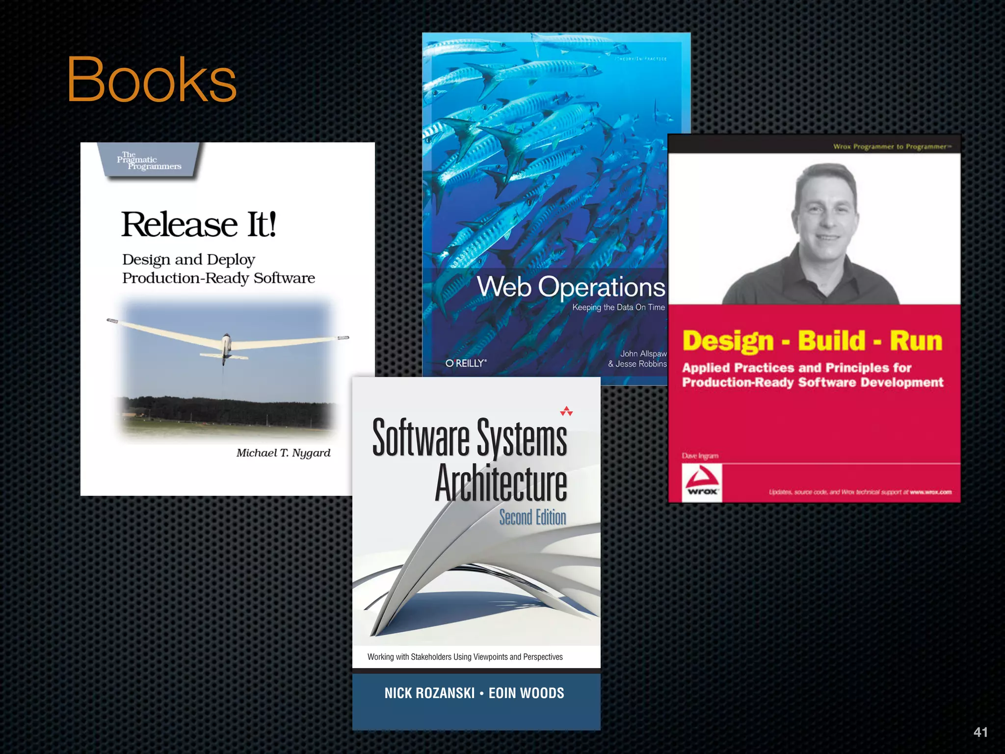 Books
SoftwareSystems
ArchitectureSecondEdition
NICK ROZANSKI • EOIN WOODS
Working with Stakeholders Using Viewpoints and Perspectives
Second
Edition
41
 