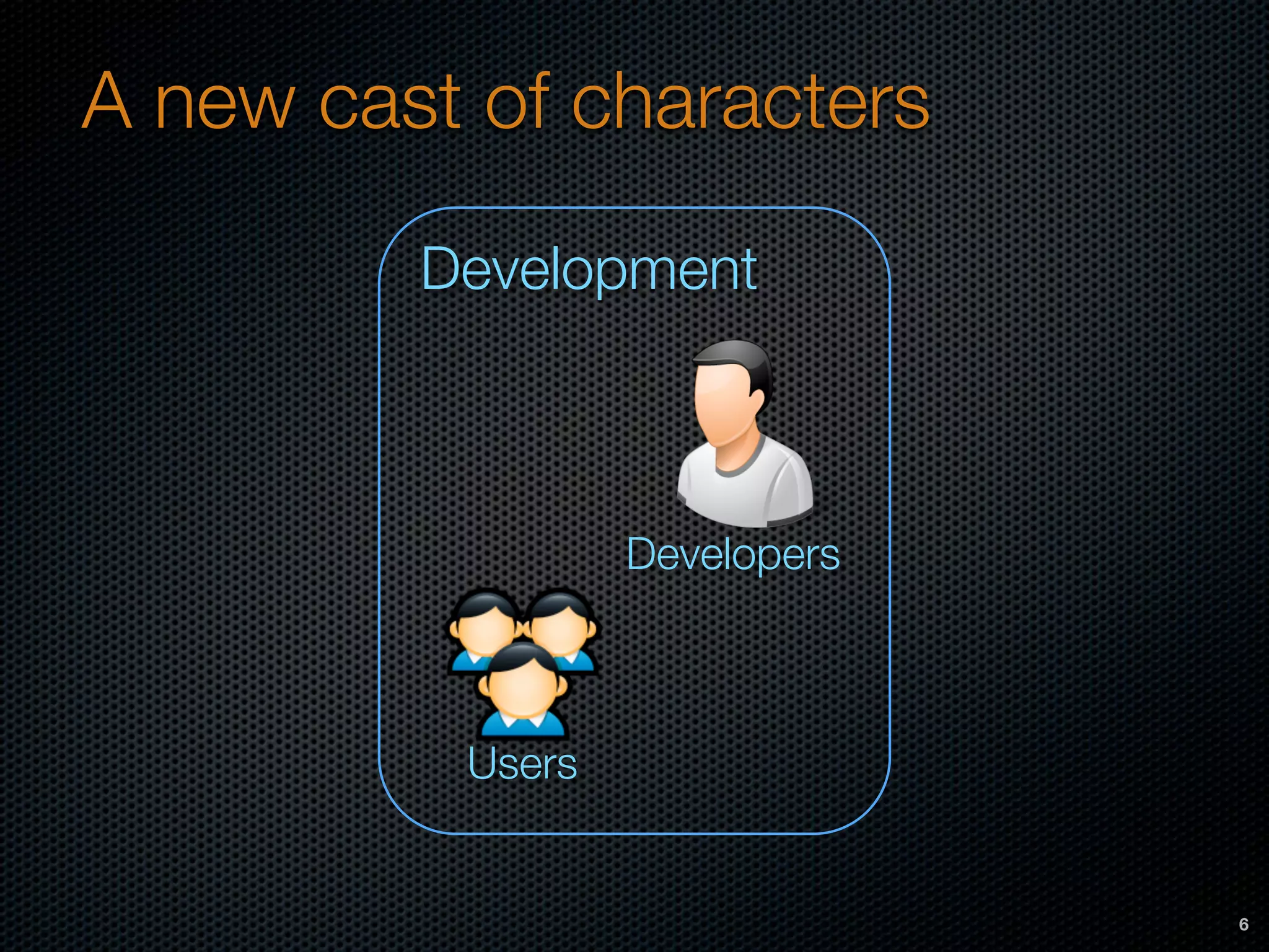 A new cast of characters
6
Developers
Development
Users
 