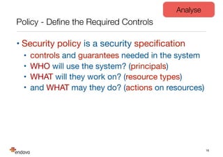 Policy - Deﬁne the Required Controls
• Security policy is a security speciﬁcation

• controls and guarantees needed in the system

• WHO will use the system? (principals)

• WHAT will they work on? (resource types)

• and WHAT may they do? (actions on resources)
16
Analyse
 