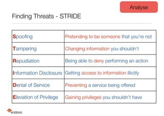 Finding Threats - STRIDE
Spooﬁng Pretending to be someone that you’re not
Tampering Changing information you shouldn’t
Repudiation Being able to deny performing an action
Information Disclosure Getting access to information illicitly
Denial of Service Preventing a service being offered
Elevation of Privilege Gaining privileges you shouldn’t have
Analyse
 