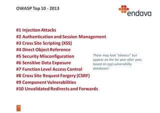 13
13
OWASP	Top	10	- 2013
#1	Injection	Attacks
#2	Authentication	and	Session	Management
#3	Cross	Site	Scripting	(XSS)
#4	Direct	Object	Reference
#5	Security	Misconfiguration
#6	Sensitive	Data	Exposure
#7	Function	Level	Access	Control
#8	Cross	Site	Request	Forgery	(CSRF)
#9	Component	Vulnerabilities
#10	Unvalidated Redirects	and	Forwards
These	may	look	“obvious”	but	
appear	on	the	list	year	after	year,	
based	on	real vulnerability	
databases!
 