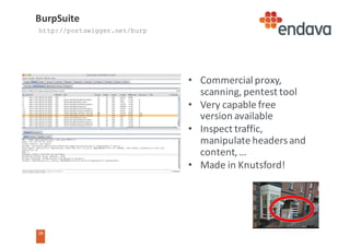 28
• Commercial	proxy,	
scanning,	pentest tool
• Very	capable	free	
version	available
• Inspect	traffic,	
manipulate	headers	and	
content,	…
• Made	in	Knutsford!
BurpSuite
http://portswigger.net/burp
 