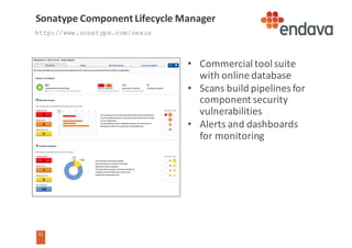 31
• Commercial	tool	suite	
with	online	database
• Scans	build	pipelines	for	
component	security	
vulnerabilities	
• Alerts	and	dashboards	
for	monitoring
Sonatype Component	Lifecycle	Manager
http://www.sonatype.com/nexus
 