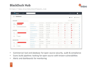 32
32
BlackDuck	Hub
• Commercial	tool	and	database	for	open	source	security,	audit	&	compliance
• Scans	build	pipelines	 looking	for	open	source	with	known	vulnerabilities
• Alerts	and	dashboards	for	monitoring
https://www.blackducksoftware.com
 