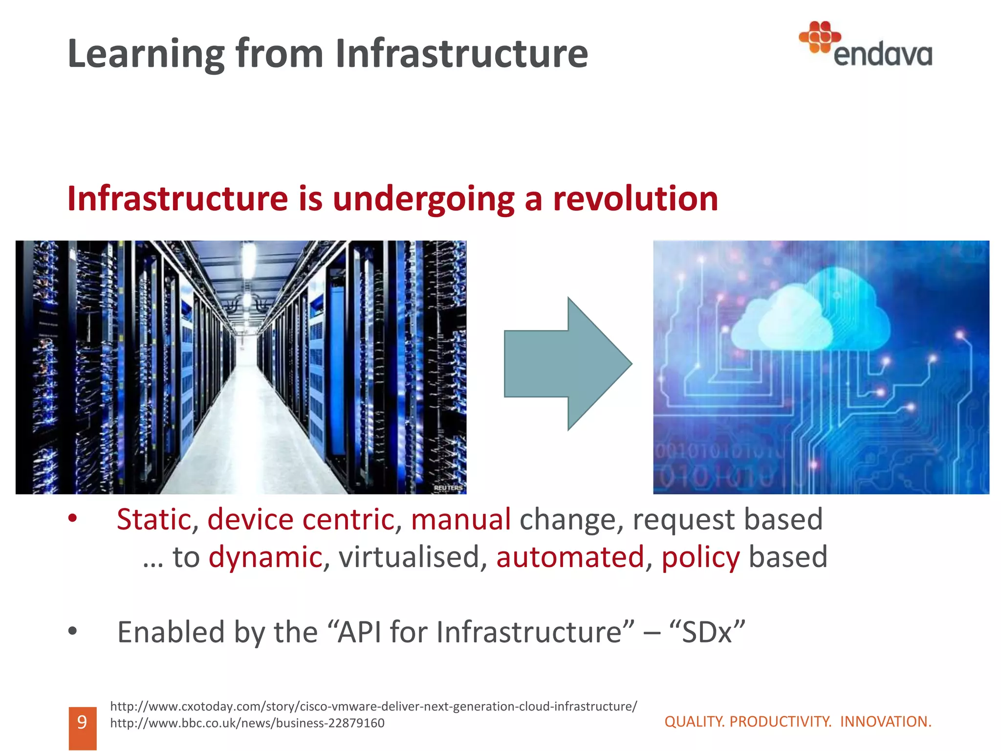 9
9
Learning from Infrastructure
Infrastructure is undergoing a revolution
• Static, device centric, manual change, request based
… to dynamic, virtualised, automated, policy based
• Enabled by the “API for Infrastructure” – “SDx”
QUALITY. PRODUCTIVITY. INNOVATION.
http://www.cxotoday.com/story/cisco-vmware-deliver-next-generation-cloud-infrastructure/
http://www.bbc.co.uk/news/business-22879160
 