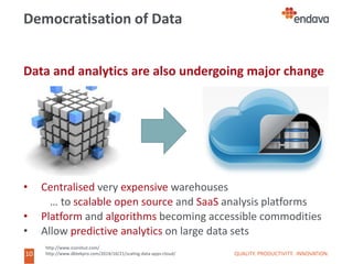 10
10
Democratisation of Data
Data and analytics are also undergoing major change
• Centralised very expensive warehouses
… to scalable open source and SaaS analysis platforms
• Platform and algorithms becoming accessible commodities
• Allow predictive analytics on large data sets
QUALITY. PRODUCTIVITY. INNOVATION.
http://www.iconshut.com/
http://www.dbtekpro.com/2014/10/21/scaling-data-apps-cloud/
 