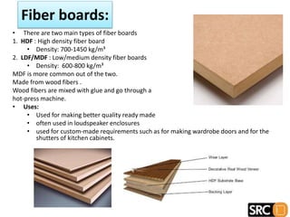 • There are two main types of fiber boards
1. HDF : High density fiber board
• Density: 700-1450 kg/m³
2. LDF/MDF : Low/medium density fiber boards
• Density: 600-800 kg/m³
MDF is more common out of the two.
Made from wood fibers .
Wood fibers are mixed with glue and go through a
hot-press machine.
• Uses:
• Used for making better quality ready made
• often used in loudspeaker enclosures
• used for custom-made requirements such as for making wardrobe doors and for the
shutters of kitchen cabinets.
Fiber boards:
 