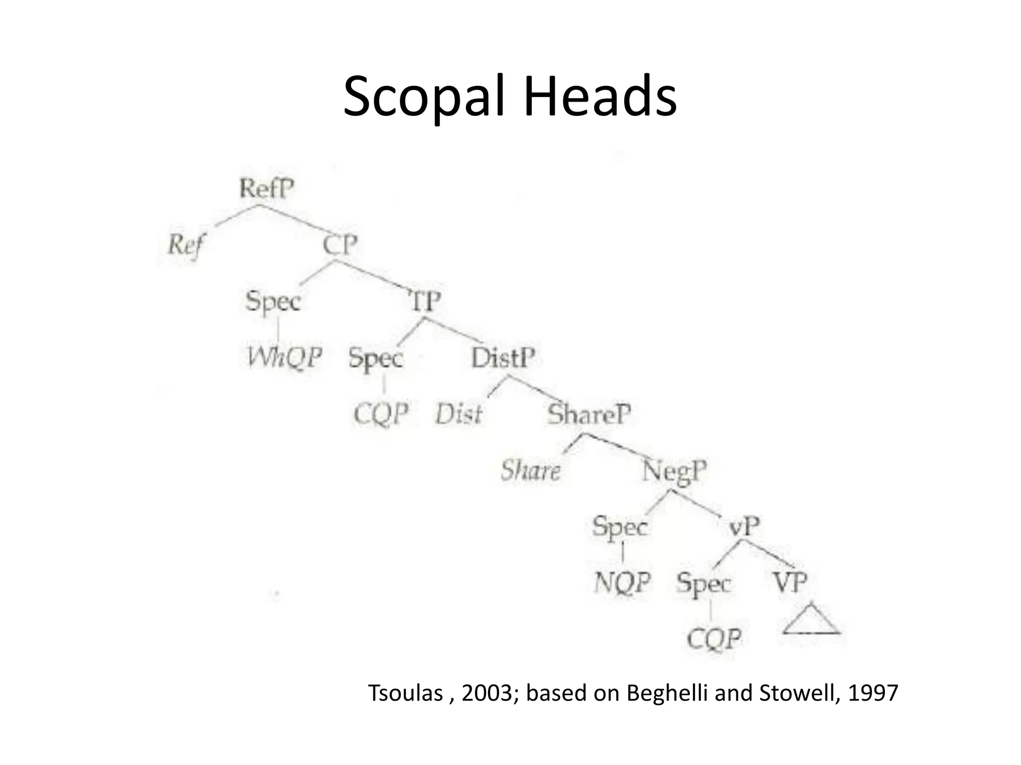 Scopal Heads




Tsoulas , 2003; based on Beghelli and Stowell, 1997
 