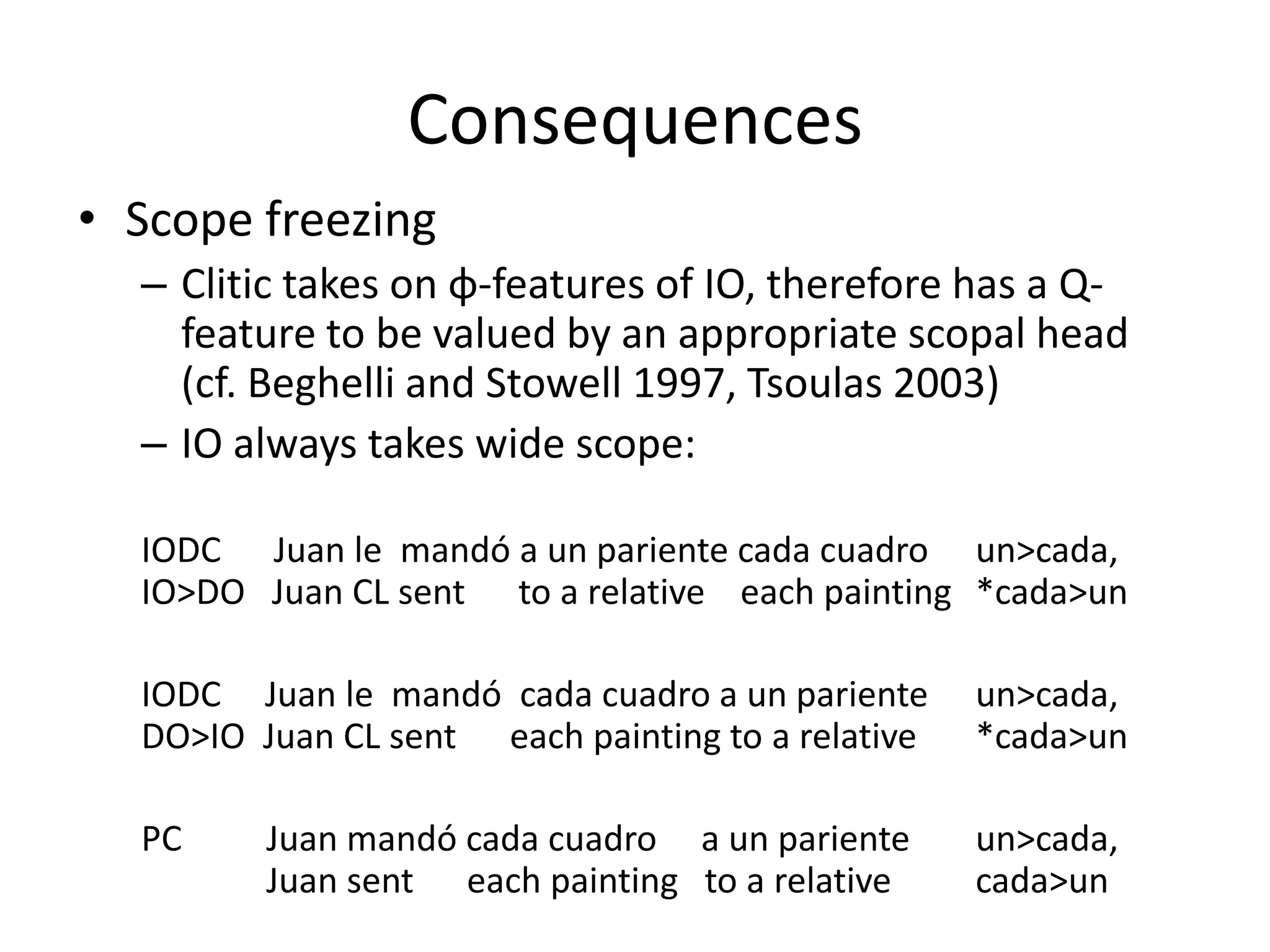 Consequences
• Scope freezing
  – Clitic takes on φ-features of IO, therefore has a Q-
    feature to be valued by an appropriate scopal head
    (cf. Beghelli and Stowell 1997, Tsoulas 2003)
  – IO always takes wide scope:

  IODC Juan le mandó a un pariente cada cuadro un>cada,
  IO>DO Juan CL sent to a relative each painting *cada>un

  IODC Juan le mandó cada cuadro a un pariente     un>cada,
  DO>IO Juan CL sent each painting to a relative   *cada>un

  PC     Juan mandó cada cuadro a un pariente      un>cada,
         Juan sent each painting to a relative     cada>un
 