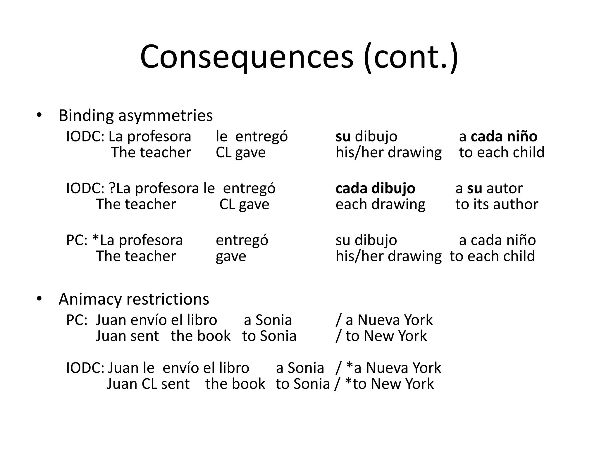 Consequences (cont.)
• Binding asymmetries
   IODC: La profesora    le entregó     su dibujo         a cada niño
         The teacher     CL gave        his/her drawing   to each child

   IODC: ?La profesora le entregó       cada dibujo       a su autor
      The teacher         CL gave       each drawing      to its author

   PC: *La profesora     entregó        su dibujo        a cada niño
        The teacher      gave           his/her drawing to each child

• Animacy restrictions
   PC: Juan envío el libro a Sonia      / a Nueva York
       Juan sent the book to Sonia      / to New York
   IODC: Juan le envío el libro a Sonia / *a Nueva York
         Juan CL sent the book to Sonia / *to New York
 