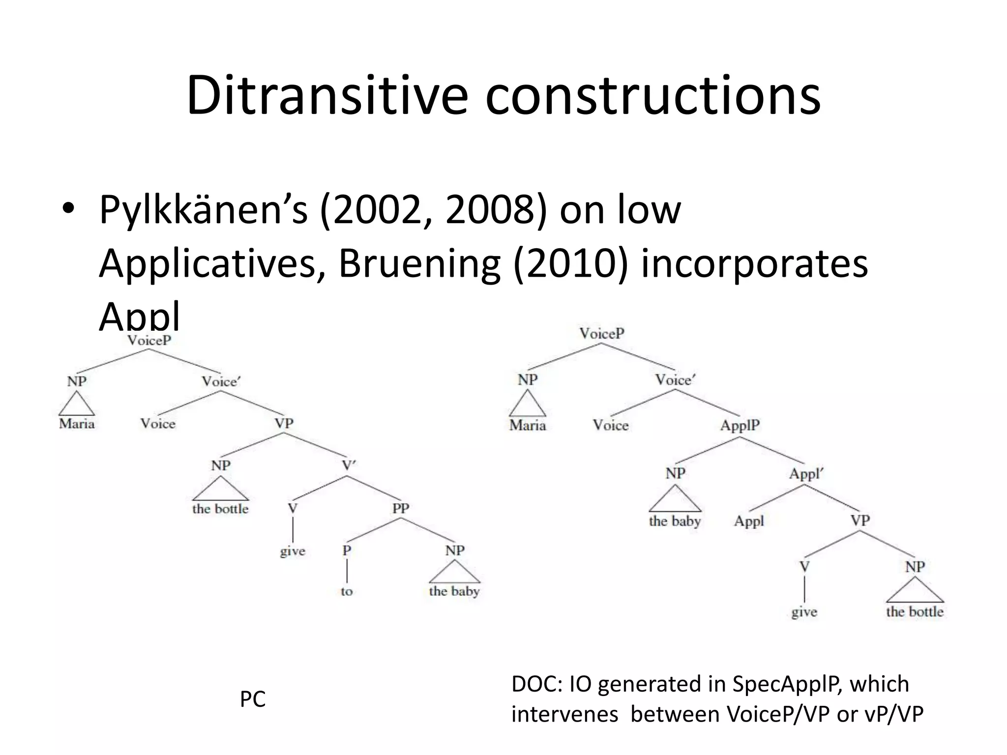 Ditransitive constructions
• Pylkkänen’s (2002, 2008) on low
  Applicatives, Bruening (2010) incorporates
  Appl




                        DOC: IO generated in SpecApplP, which
         PC
                        intervenes between VoiceP/VP or vP/VP
 