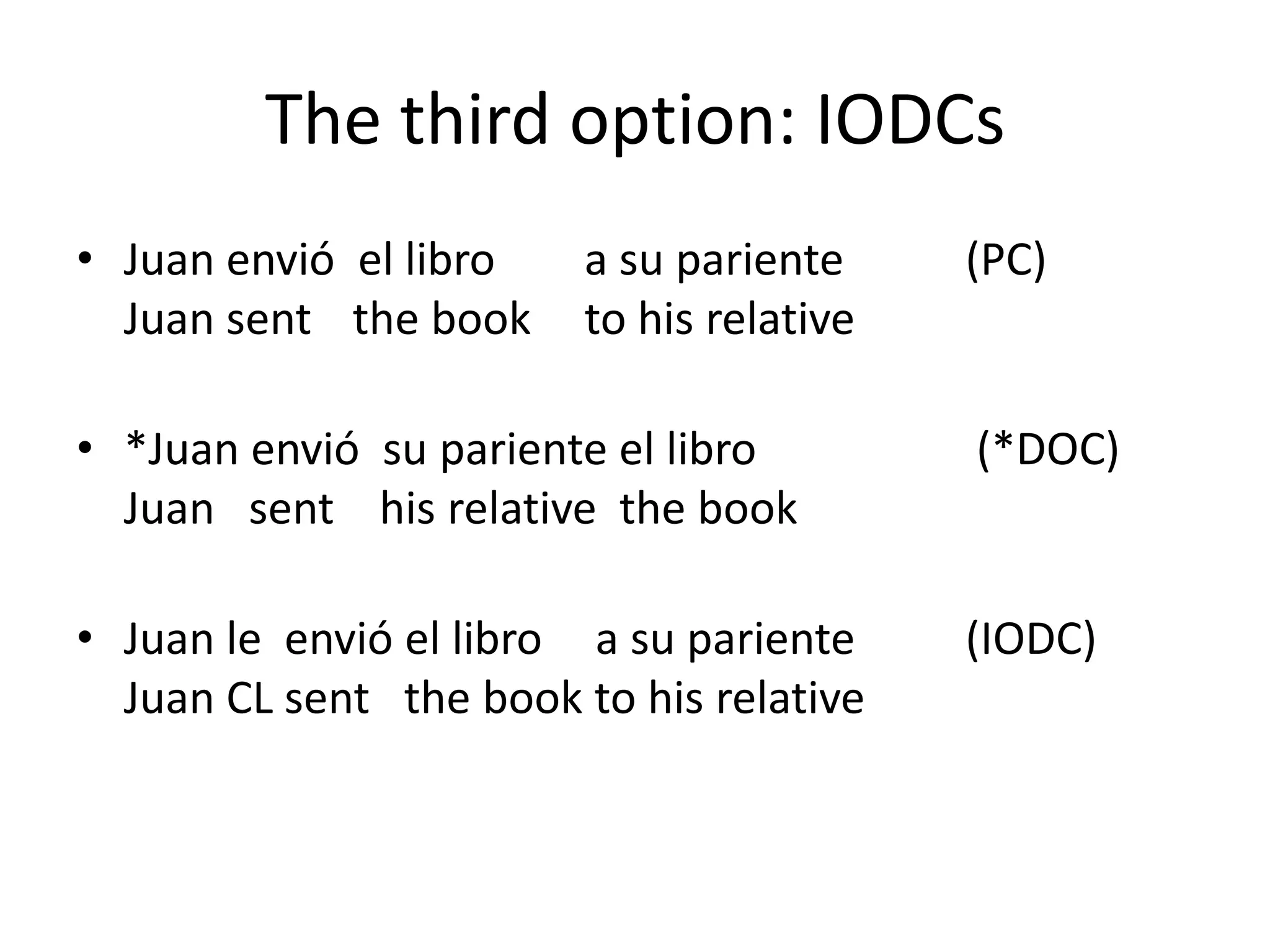 The third option: IODCs
• Juan envió el libro    a su pariente     (PC)
  Juan sent the book     to his relative

• *Juan envió su pariente el libro         (*DOC)
  Juan sent his relative the book

• Juan le envió el libro a su pariente     (IODC)
  Juan CL sent the book to his relative
 