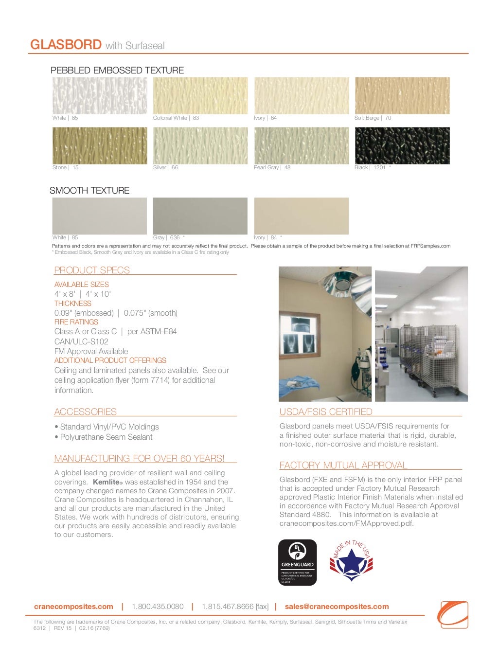 Crane Glasbord FRP wall and ceiling panels