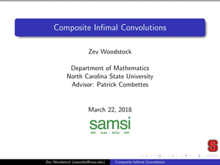 Composite Inﬁmal Convolutions
Zev Woodstock
Department of Mathematics
North Carolina State University
Advisor: Patrick Combettes
March 22, 2018
Zev Woodstock (zwoodst@ncsu.edu) Composite Inﬁmal Convolution
 