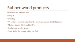 Rubber wood products
 Furniture and furniture parts
 Parquet
 Panelling
 Wood-based panels (particleboard, cement and gypsum-bonded panels)
 Medium-density fibreboard (MDF)
 Kitchen and novelty items
 Sawn timber for general utility and fuel
 