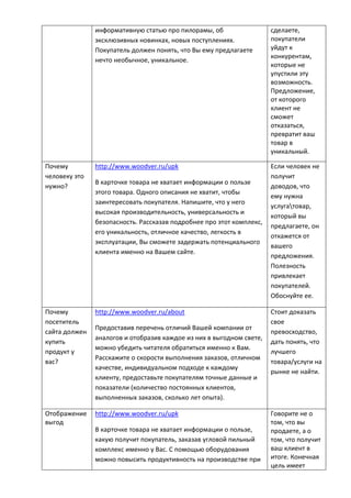 информативную статью про пилорамы, об
эксклюзивных новинках, новых поступлениях.
Покупатель должен понять, что Вы ему предлагаете
нечто необычное, уникальное.
сделаете,
покупатели
уйдут к
конкурентам,
которые не
упустили эту
возможность.
Предложение,
от которого
клиент не
сможет
отказаться,
превратит ваш
товар в
уникальный.
Почему
человеку это
нужно?
http://www.woodver.ru/upk
В карточке товара не хватает информации о пользе
этого товара. Одного описания не хватит, чтобы
заинтересовать покупателя. Напишите, что у него
высокая производительность, универсальность и
безопасность. Рассказав подробнее про этот комплекс,
его уникальность, отличное качество, легкость в
эксплуатации, Вы сможете задержать потенциального
клиента именно на Вашем сайте.
Если человек не
получит
доводов, что
ему нужна
услугатовар,
который вы
предлагаете, он
откажется от
вашего
предложения.
Полезность
привлекает
покупателей.
Обоснуйте ее.
Почему
посетитель
сайта должен
купить
продукт у
вас?
http://www.woodver.ru/about
Предоставив перечень отличий Вашей компании от
аналогов и отобразив каждое из них в выгодном свете,
можно убедить читателя обратиться именно к Вам.
Расскажите о скорости выполнения заказов, отличном
качестве, индивидуальном подходе к каждому
клиенту, предоставьте покупателям точные данные и
показатели (количество постоянных клиентов,
выполненных заказов, сколько лет опыта).
Стоит доказать
свое
превосходство,
дать понять, что
лучшего
товара/услуги на
рынке не найти.
Отображение
выгод
http://www.woodver.ru/upk
В карточке товара не хватает информации о пользе,
какую получит покупатель, заказав угловой пильный
комплекс именно у Вас. С помощью оборудования
можно повысить продуктивность на производстве при
Говорите не о
том, что вы
продаете, а о
том, что получит
ваш клиент в
итоге. Конечная
цель имеет
 