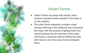 Urban Farms
● Urban Forests are areas with natural, swmi-
natural or planted forests situated in the cities or
on the outskirts.
● The urban farms represent a modern urban
conceot referring to the traditional way of growing
the crops, with the purpose of getting fresh and
natural products for the members of the urban
community ;it would be ideal to fertilize the soils
with manure, as in the case of rural ecological
farms.
16
 