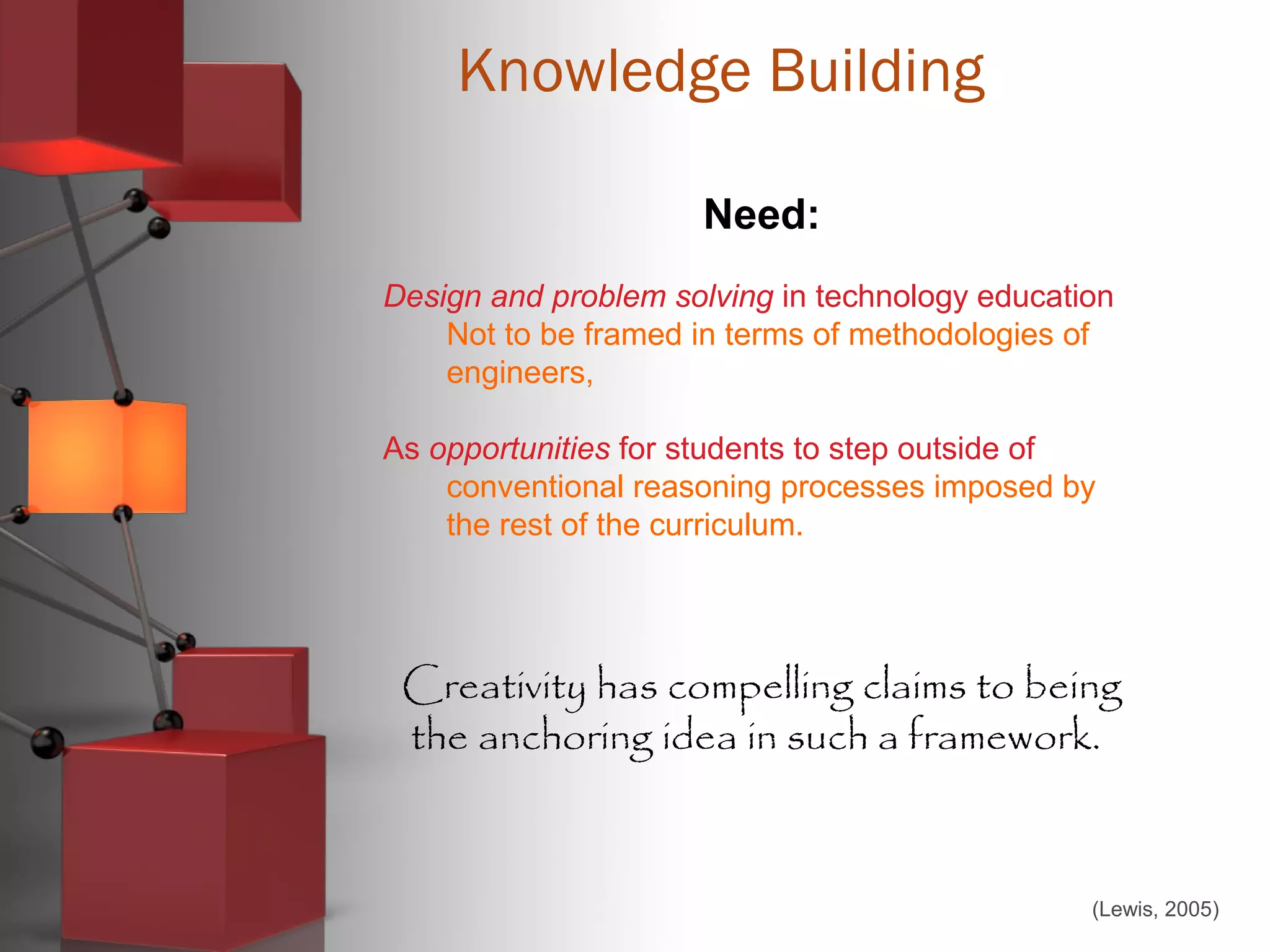 Knowledge Building
Need:
Design and problem solving in technology education
Not to be framed in terms of methodologies of
engineers,
As opportunities for students to step outside of
conventional reasoning processes imposed by
the rest of the curriculum.
Creativity has compelling claims to being
the anchoring idea in such a framework.
(Lewis, 2005)
 