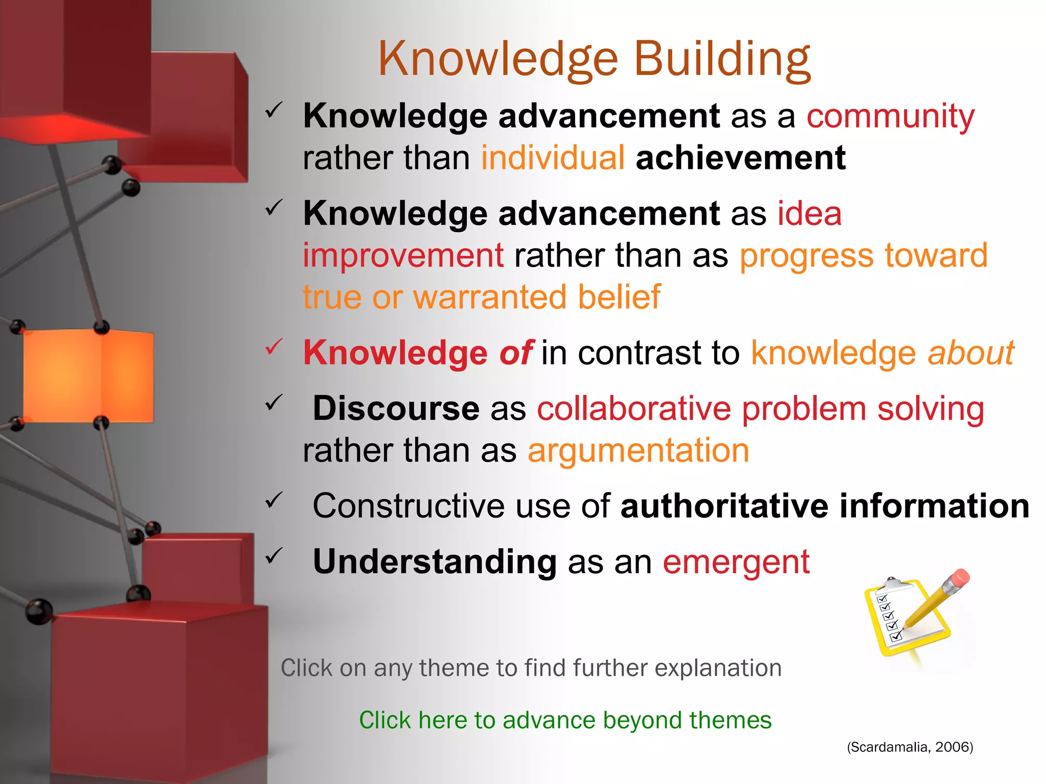 (Scardamalia, 2006)
Knowledge Building
 Knowledge advancement as a community
rather than individual achievement
 Knowledge advancement as idea
improvement rather than as progress toward
true or warranted belief
 Knowledge of in contrast to knowledge about
 Discourse as collaborative problem solving
rather than as argumentation
 Constructive use of authoritative information
 Understanding as an emergent
Click on any theme to find further explanation
Click here to advance beyond themes
 