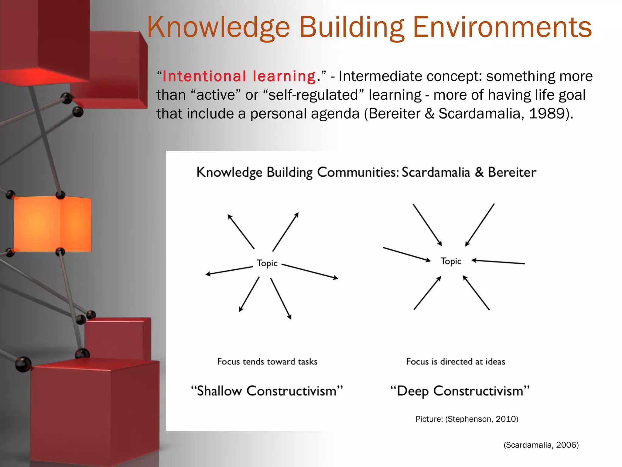 (Scardamalia, 2006)
Knowledge Building Environments
“Intentional learning.” - Intermediate concept: something more
than “active” or “self-regulated” learning - more of having life goal
that include a personal agenda (Bereiter & Scardamalia, 1989).
Picture: (Stephenson, 2010)
 