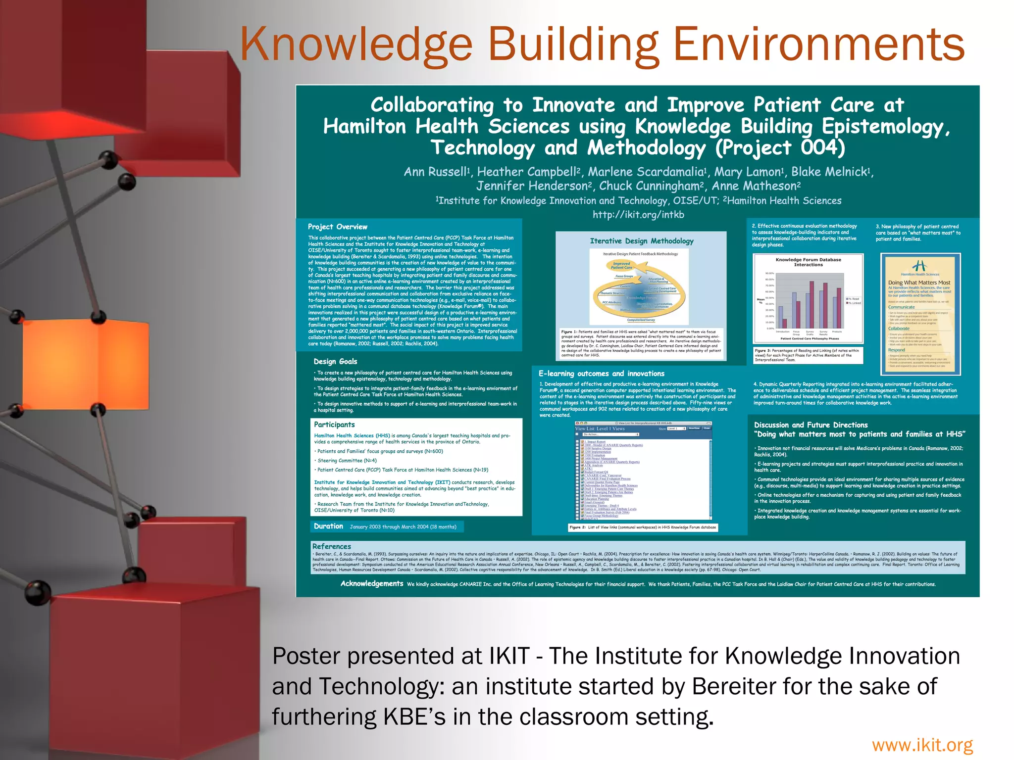 www.ikit.org
Knowledge Building Environments
Poster presented at IKIT - The Institute for Knowledge Innovation
and Technology: an institute started by Bereiter for the sake of
furthering KBE’s in the classroom setting.
 