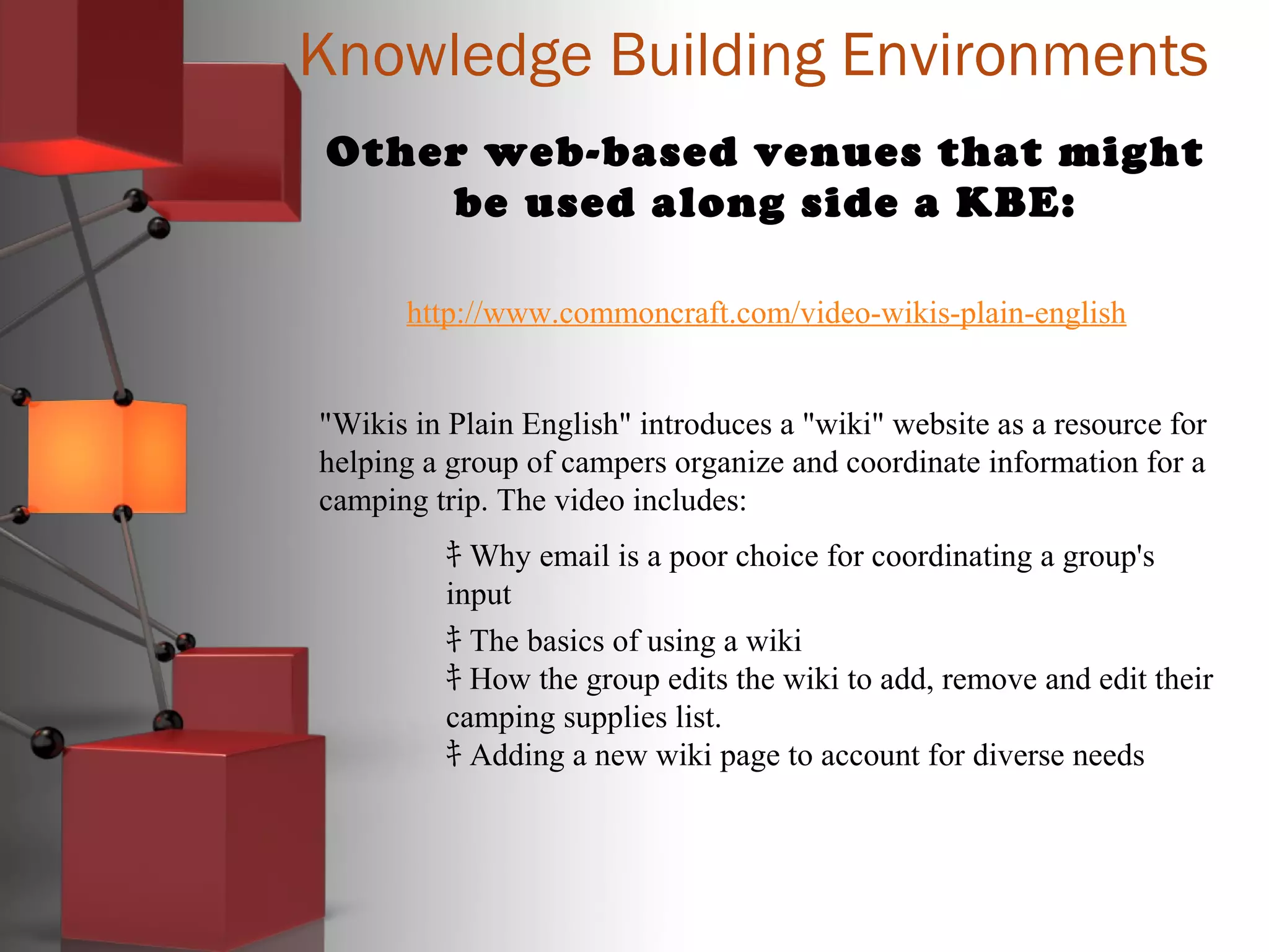 Knowledge Building Environments
Other web-based venues that might
be used along side a KBE:
http://www.commoncraft.com/video-wikis-plain-english
"Wikis in Plain English" introduces a "wiki" website as a resource for
helping a group of campers organize and coordinate information for a
camping trip. The video includes:
ｷ Why email is a poor choice for coordinating a group's
input
ｷ The basics of using a wiki
ｷ How the group edits the wiki to add, remove and edit their
camping supplies list.
ｷ Adding a new wiki page to account for diverse needs
 