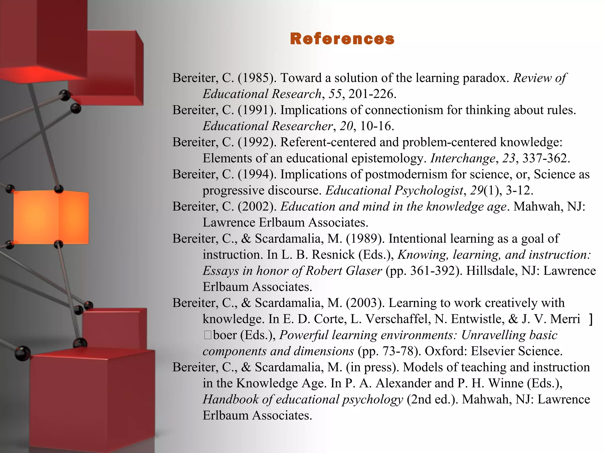 References
Bereiter, C. (1985). Toward a solution of the learning paradox. Review of
Educational Research, 55, 201-226.
Bereiter, C. (1991). Implications of connectionism for thinking about rules.
Educational Researcher, 20, 10-16.
Bereiter, C. (1992). Referent-centered and problem-centered knowledge:
Elements of an educational epistemology. Interchange, 23, 337-362.
Bereiter, C. (1994). Implications of postmodernism for science, or, Science as
progressive discourse. Educational Psychologist, 29(1), 3-12.
Bereiter, C. (2002). Education and mind in the knowledge age. Mahwah, NJ:
Lawrence Erlbaum Associates.
Bereiter, C., & Scardamalia, M. (1989). Intentional learning as a goal of
instruction. In L. B. Resnick (Eds.), Knowing, learning, and instruction:
Essays in honor of Robert Glaser (pp. 361-392). Hillsdale, NJ: Lawrence
Erlbaum Associates.
Bereiter, C., & Scardamalia, M. (2003). Learning to work creatively with
knowledge. In E. D. Corte, L. Verschaffel, N. Entwistle, & J. V. Merri ］
boer (Eds.), Powerful learning environments: Unravelling basic
components and dimensions (pp. 73-78). Oxford: Elsevier Science.
Bereiter, C., & Scardamalia, M. (in press). Models of teaching and instruction
in the Knowledge Age. In P. A. Alexander and P. H. Winne (Eds.),
Handbook of educational psychology (2nd ed.). Mahwah, NJ: Lawrence
Erlbaum Associates.
 
