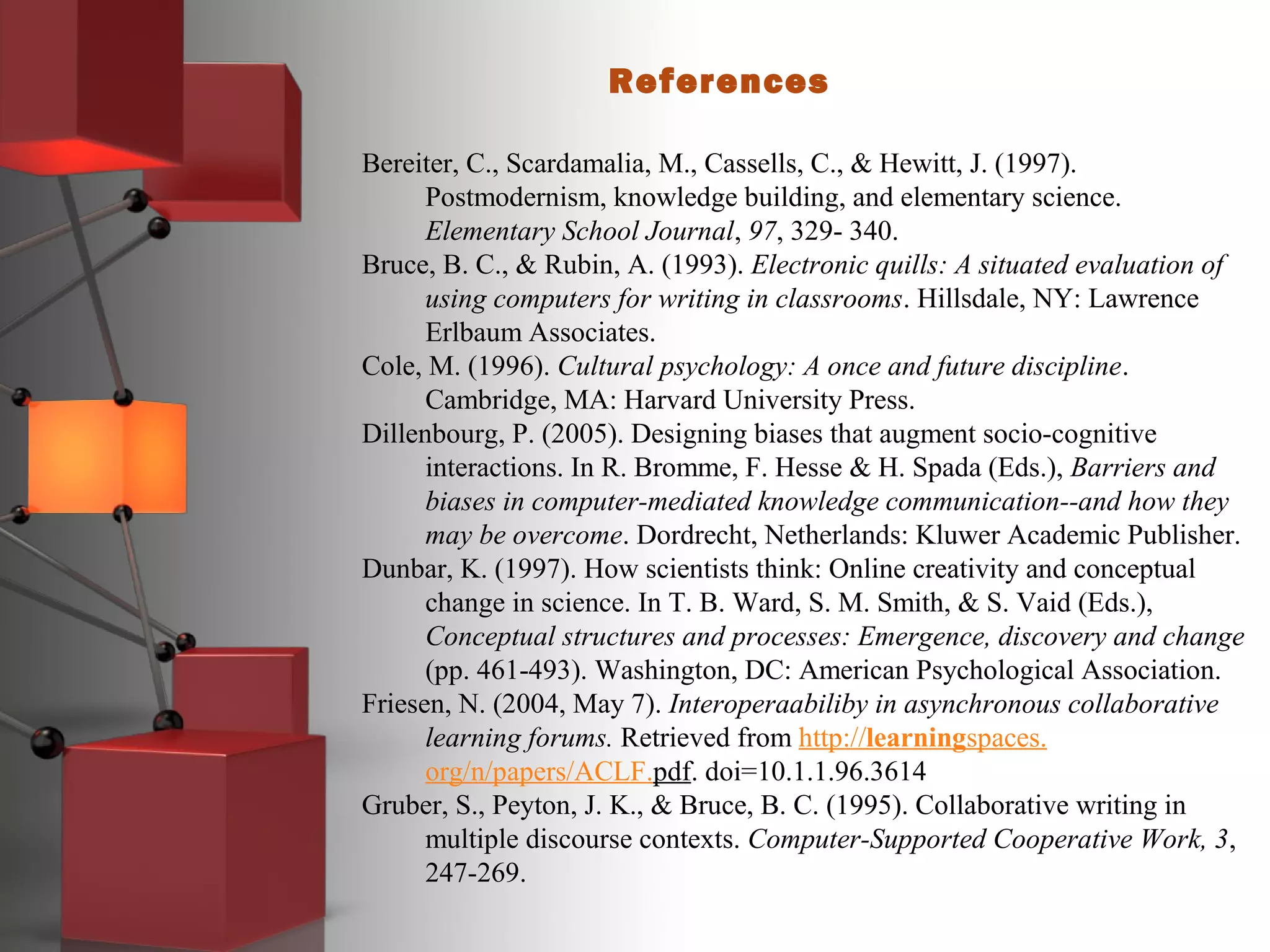 References
Bereiter, C., Scardamalia, M., Cassells, C., & Hewitt, J. (1997).
Postmodernism, knowledge building, and elementary science.
Elementary School Journal, 97, 329- 340.
Bruce, B. C., & Rubin, A. (1993). Electronic quills: A situated evaluation of
using computers for writing in classrooms. Hillsdale, NY: Lawrence
Erlbaum Associates.
Cole, M. (1996). Cultural psychology: A once and future discipline.
Cambridge, MA: Harvard University Press.
Dillenbourg, P. (2005). Designing biases that augment socio-cognitive
interactions. In R. Bromme, F. Hesse & H. Spada (Eds.), Barriers and
biases in computer-mediated knowledge communication--and how they
may be overcome. Dordrecht, Netherlands: Kluwer Academic Publisher.
Dunbar, K. (1997). How scientists think: Online creativity and conceptual
change in science. In T. B. Ward, S. M. Smith, & S. Vaid (Eds.),
Conceptual structures and processes: Emergence, discovery and change
(pp. 461-493). Washington, DC: American Psychological Association.
Friesen, N. (2004, May 7). Interoperaabiliby in asynchronous collaborative
learning forums. Retrieved from http://learningspaces.
org/n/papers/ACLF.pdf. doi=10.1.1.96.3614
Gruber, S., Peyton, J. K., & Bruce, B. C. (1995). Collaborative writing in
multiple discourse contexts. Computer-Supported Cooperative Work, 3,
247-269.
 
