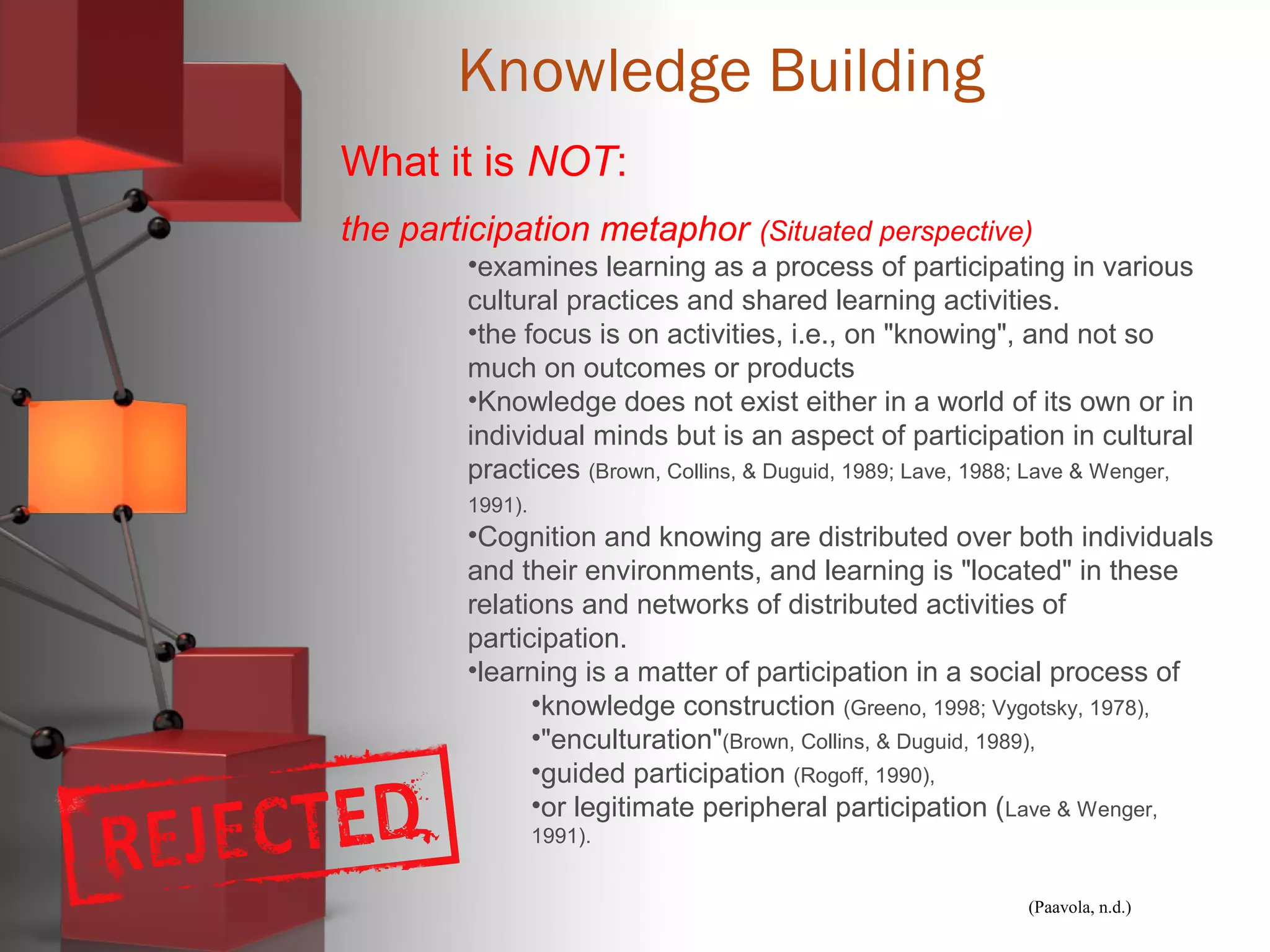 (Paavola, n.d.)
Knowledge Building
What it is NOT:
the participation metaphor (Situated perspective)
•examines learning as a process of participating in various
cultural practices and shared learning activities.
•the focus is on activities, i.e., on "knowing", and not so
much on outcomes or products
•Knowledge does not exist either in a world of its own or in
individual minds but is an aspect of participation in cultural
practices (Brown, Collins, & Duguid, 1989; Lave, 1988; Lave & Wenger,
1991).
•Cognition and knowing are distributed over both individuals
and their environments, and learning is "located" in these
relations and networks of distributed activities of
participation.
•learning is a matter of participation in a social process of
•knowledge construction (Greeno, 1998; Vygotsky, 1978),
•"enculturation"(Brown, Collins, & Duguid, 1989),
•guided participation (Rogoff, 1990),
•or legitimate peripheral participation (Lave & Wenger,
1991).
 