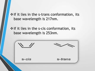 If it lies in the s-trans conformation, its
base wavelength is 217nm.
If it lies in the s-cis conformation, its
base wavelength is 253nm.
 