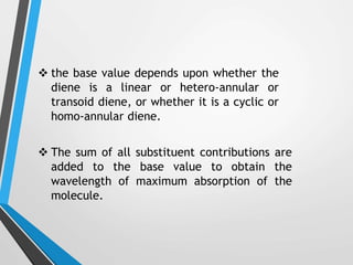  the base value depends upon whether the
diene is a linear or hetero-annular or
transoid diene, or whether it is a cyclic or
homo-annular diene.
 The sum of all substituent contributions are
added to the base value to obtain the
wavelength of maximum absorption of the
molecule.
 