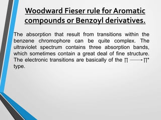 Woodward Fieser rule for Aromatic
compounds or Benzoyl derivatives.
The absorption that result from transitions within the
benzene chromophore can be quite complex. The
ultraviolet spectrum contains three absorption bands,
which sometimes contain a great deal of fine structure.
The electronic transitions are basically of the ∏ ∏*
type.
 