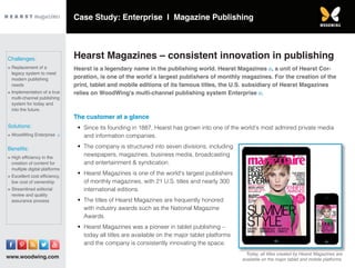www.woodwing.com
Hearst Magazines – consistent innovation in publishing
Hearst is a legendary name in the publishing world. Hearst Magazines , a unit of Hearst Cor-
poration, is one of the world´s largest publishers of monthly magazines. For the creation of the
print, tablet and mobile editions of its famous titles, the U.S. subsidiary of Hearst Magazines
relies on WoodWing's multi-channel publishing system Enterprise .
The customer at a glance
•	 Since its founding in 1887, Hearst has grown into one of the world's most admired private media
and information companies.
•	 The company is structured into seven divisions, including
newspapers, magazines, business media, broadcasting
and entertainment & syndication.
•	 Hearst Magazines is one of the world's largest publishers
of monthly magazines, with 21 U.S. titles and nearly 300
international editions.
•	 The titles of Hearst Magazines are frequently honored
with industry awards such as the National Magazine
Awards.
•	 Hearst Magazines was a pioneer in tablet publishing –
today all titles are available on the major tablet platforms
and the company is consistently innovating the space.
Challenges:
≡≡ Replacement of a
legacy system to meet
modern publishing
needs
≡≡ Implementation of a true
multi-channel publishing
system for today and
into the future.
Solutions:
≡≡ WoodWing Enterprise
Benefits:
≡≡ High efficiency in the
creation of content for
multiple digital platforms
≡≡ Excellent cost efficiency,
low cost of ownership
≡≡ Streamlined editorial
review and quality
assurance process
Case Study: Enterprise I Magazine Publishing
Today, all titles created by Hearst Magazines are
available on the major tablet and mobile platforms.
 