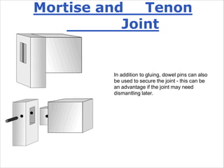 Mortise and Tenon
Joint
In addition to gluing, dowel pins can also
be used to secure the joint - this can be
an advantage if the joint may need
dismantling later.
 