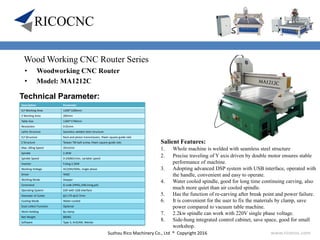 Suzhou Rico Machinery Co., Ltd ® Copyright 2016 www.ricocnc.com
Wood Working CNC Router Series
• Woodworking CNC Router
• Model: MA1212C
Technical Parameter:
Salient Features:
1. Whole machine is welded with seamless steel structure
2. Precise traveling of Y axis driven by double motor ensures stable
performance of machine.
3. Adopting advanced DSP system with USB interface, operated with
the handle, convenient and easy to operate.
4. Water cooled spindle, good for long time continuing carving, also
much more quiet than air cooled spindle.
5. Has the function of re-carving after break point and power failure.
6. It is convenient for the user to fix the materials by clamp, save
power compared to vacuum table machine.
7. 2.2kw spindle can work with 220V single phase voltage.
8. Side-hung integrated control cabinet, save space, good for small
workshop.
Description Parameter
X,Y Working Area 1200*1200mm
Z Working Area 200mm
Table Size 1340*1740mm
Resolution 0.01mm
Lathe Structure Seamless welded steel structure
X,Y Structure Rack and pinion transmission, Hiwin square guide rails
Z Structure Taiwan TBI ball-screw, Hiwin square guide rails
Max. Idling Speed 35m/min
Spindle 2.2KW
Spindle Speed 0-24000r/min, variable speed
Inverter Fuling 2.2KW
Working Voltage AC220V/50Hz, single phase
Driver YAKO
Working Mode Stepper
Command G code (HPGL,U00,mmg,plt)
Operating System DSP with USB interface
Diameter of Cutter φ3.175-φ12.7mm
Cooling Mode Water-cooled
Dust-collect Function Optional
Work-Holding By clamp
Net Weight 800KG
Software Type 3, ArtCAM, Wentai
 