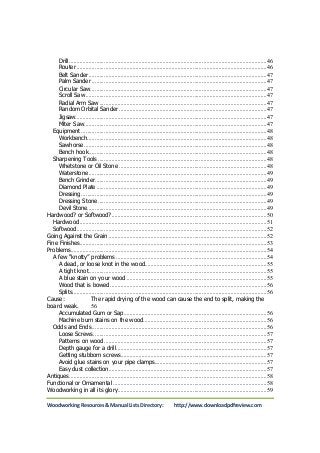 Drill ................................................................................................................................... 46 
Router .............................................................................................................................. 46 
Belt Sander ...................................................................................................................... 47 
Palm Sander .................................................................................................................... 47 
Circular Saw ..................................................................................................................... 47 
Scroll Saw ........................................................................................................................ 47 
Radial Arm Saw ............................................................................................................... 47 
Random Orbital Sander .................................................................................................. 47 
Jigsaw............................................................................................................................... 47 
Miter Saw ......................................................................................................................... 47 
Equipment ........................................................................................................................... 48 
Workbench ....................................................................................................................... 48 
Sawhorse ......................................................................................................................... 48 
Bench hook ...................................................................................................................... 48 
Sharpening Tools ................................................................................................................ 48 
Whetstone or Oil Stone .................................................................................................. 48 
Waterstone ...................................................................................................................... 49 
Bench Grinder .................................................................................................................. 49 
Diamond Plate ................................................................................................................. 49 
Dressing ........................................................................................................................... 49 
Dressing Stone ................................................................................................................ 49 
Devil Stone....................................................................................................................... 49 
Hardwood? or Softwood? ....................................................................................................... 50 
Hardwood ............................................................................................................................ 51 
Softwood .............................................................................................................................. 52 
Going Against the Grain ......................................................................................................... 52 
Fine Finishes ............................................................................................................................ 53 
Problems .................................................................................................................................. 54 
A few “knotty” problems .................................................................................................... 54 
A dead, or loose knot in the wood................................................................................. 55 
A tight knot ...................................................................................................................... 55 
A blue stain on your wood ............................................................................................. 55 
Wood that is bowed ........................................................................................................ 56 
Splits ................................................................................................................................. 56 
Cause: The rapid drying of the wood can cause the end to split, making the 
board weak. 56 
Accumulated Gum or Sap ............................................................................................... 56 
Machine burn stains on the wood .................................................................................. 56 
Odds and Ends .................................................................................................................... 56 
Loose Screws ................................................................................................................... 57 
Patterns on wood ............................................................................................................ 57 
Depth gauge for a drill .................................................................................................... 57 
Getting stubborn screws ................................................................................................. 57 
Avoid glue stains on your pipe clamps. ......................................................................... 57 
Easy dust collection......................................................................................................... 57 
Antiques ................................................................................................................................... 58 
Functional or Ornamental ...................................................................................................... 58 
Woodworking in all its glory................................................................................................... 59 
Woodworking Resources & Manual Lists Directory: http://www.downloadpdfreview.com 
 