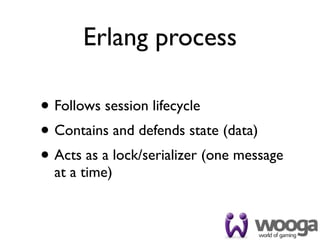 Erlang process

• Follows session lifecycle
• Contains and defends state (data)
• Acts as a lock/serializer (one message
  at a time)
 