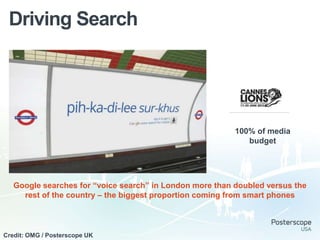 Driving Search

                                                     Mobile




                                                              100% of media
                                                                 budget




   Google searches for “voice search” in London more than doubled versus the
     rest of the country – the biggest proportion coming from smart phones



Credit: OMG / Posterscope UK
 